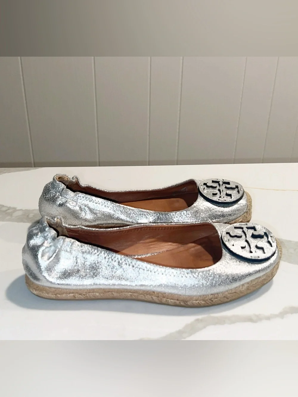 TORY BURCH Silver Metallic Espadrille Ballet Flats